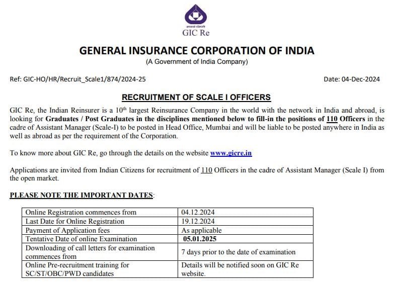 General Insurance Corporation of India GIC Assistant Manager Scale 1 Recruitment 2024
GIC Vacancy 2024