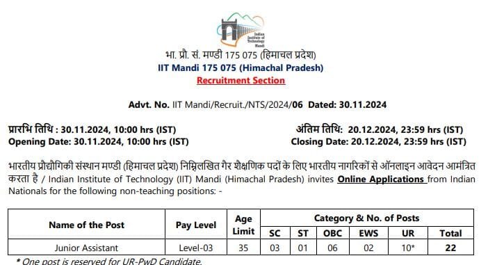 IIT Mandi Junior Assistant Recruitment 2024